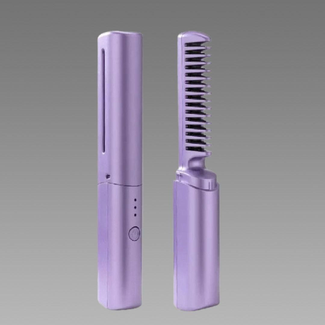 Purple hair straightener on a gray background