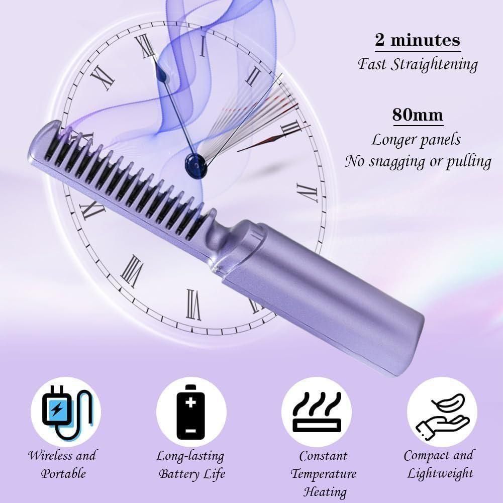 Hair straightening tool with features highlighted on a purple background